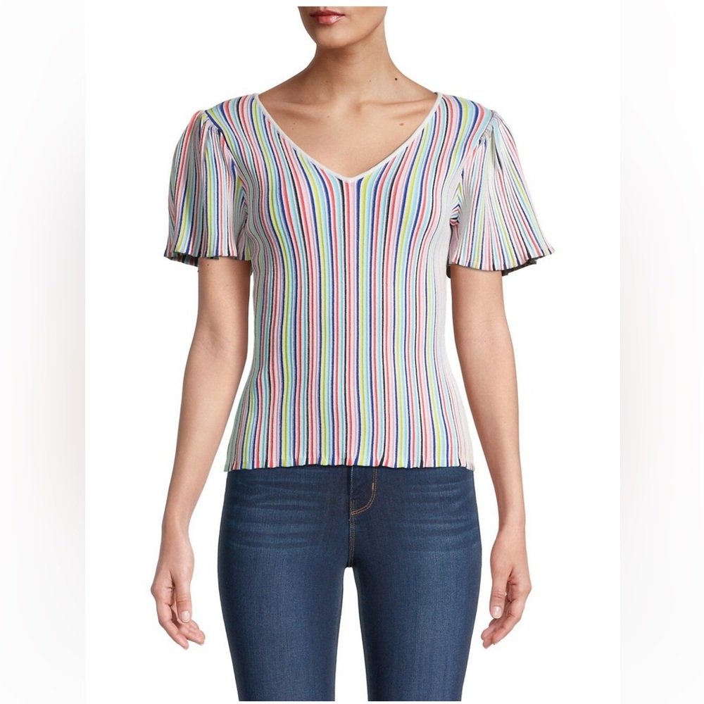 Milly Striped Flutter-Sleeve Rib-Knit Top sz S
